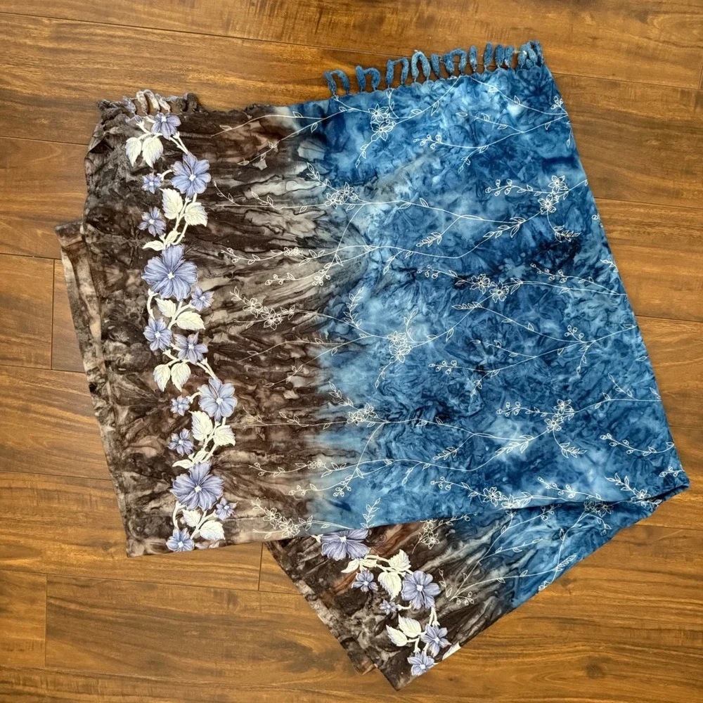 Batik Floral Silky Tassel Fringe Shawl Scarf Blue Brown Tie Dye 60 Inch